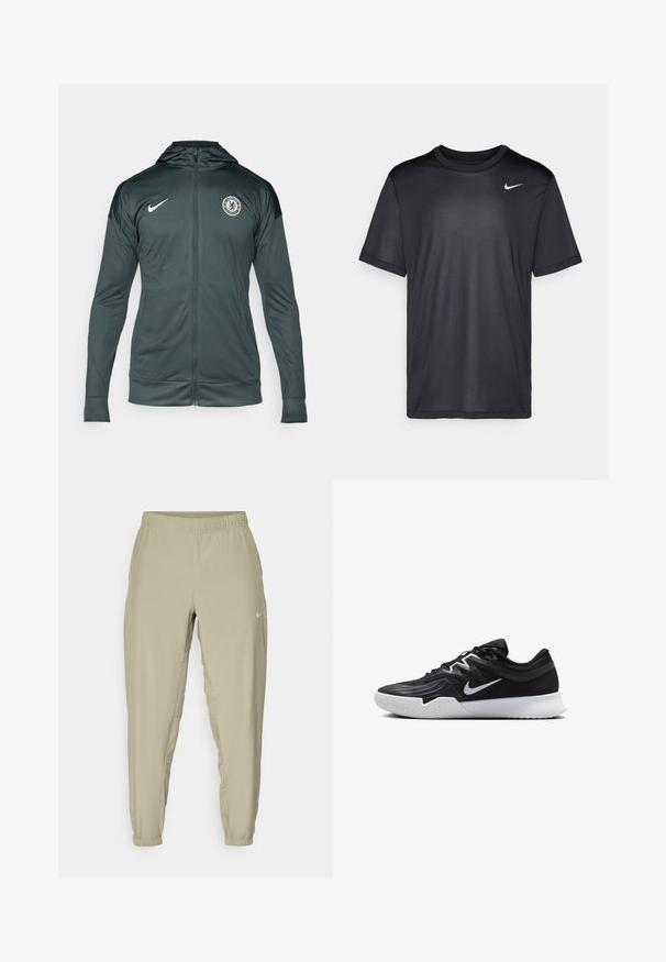 Sötétzöld Nike dzseki, teljes cipzárral, kapucnival, oldalsó zsebekkel és a Chelsea FC logójával a bal felső mellrészen. Simaságú szövet.; Fekete sportpóló rövid ujjakkal, kerek nyakkal, sima anyagból készült. Az elülső bal felső részen egy kis fehér Nike logó található.; Világos bézs színű sportos nadrág, rugós derékkal, passzos bokákkal és oldalsó zsebekkel. A elülső részen egy kis fehér logó található.; Fekete sportcipő texturált felsőrésszel, fehér Nike logóval és fehér gumitalppal. Fűzős kialakítással és dinamikus formával rendelkezik.
