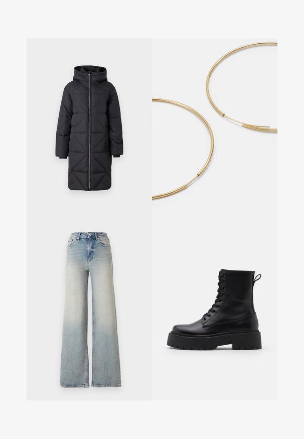 Abrigo acolchado negro con capucha, con un patrón de acolchado diagonal, cierre frontal de cremallera completa y mangas largas, hecho de material sintético.; Vero Moda VMNEWCREAM FUNNELNECK PULLOVER - Jersey de punto - black/birch; Jeans de mezclilla de tiro alto y pierna ancha en color azul claro, con cinco bolsillos y costuras visibles a lo largo de las costuras.; Botas de cuero negras hasta el tobillo con punta redonda, cordones en la parte delantera y una suela de goma gruesa con un dibujo texturizado. Tirador en la parte trasera.; Pendientes de aro color dorado, delgados y redondos, con un acabado metálico suave y sin adornos ni patrones.