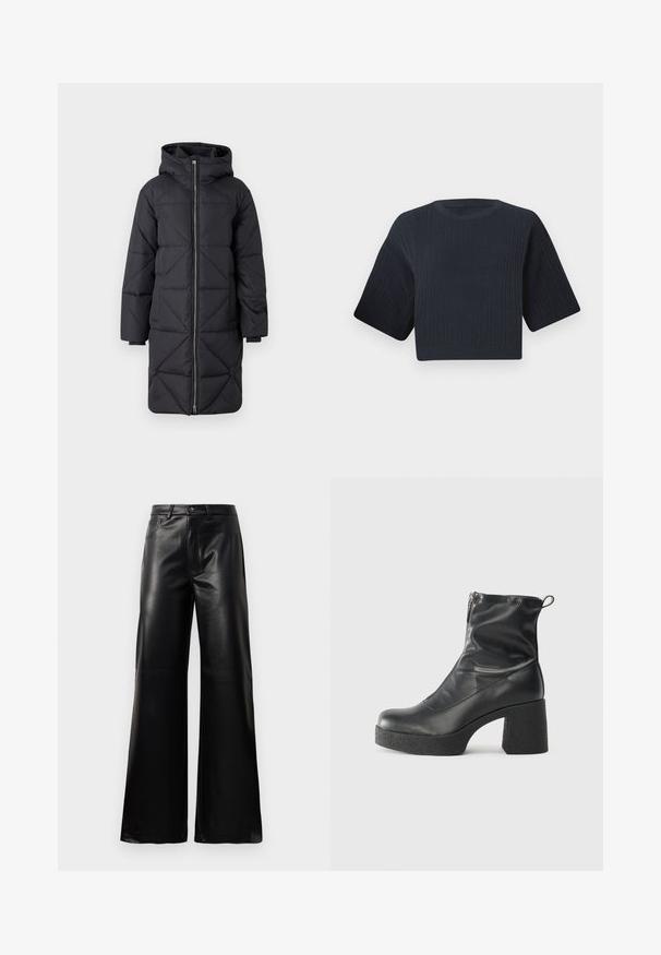Svart puffjakke med hette, med diagonalt kviltet mønster, hel glidelås foran og lange ermer, laget av syntetisk materiale.; Mørk marineblå cropped strikkegenser med ribbet tekstur, korte vide ermer og rund hals. Enkel design, ingen synlige mønstre eller detaljer.; Sorte høy midje vide ben bukser i imitert skinn med knapp foran, glidelås, beltehemper og sidelommer på hvit bakgrunn.; Svarte ankelstøvler laget av glatt lær, med glidelås på siden, chunky strukturert hæl, og rund tå-design.