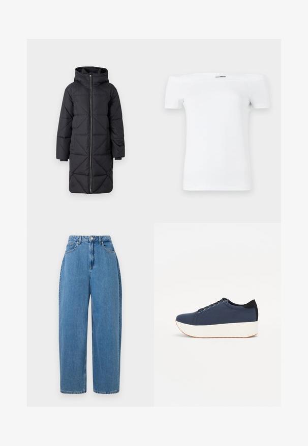 Giacca a vento nera imbottita con cappuccio, caratterizzata da un motivo trapuntato diagonale, chiusura con zip frontale e maniche lunghe, realizzata in materiale sintetico.; T-shirt bianca a spalle scoperte con maniche corte, realizzata in morbido cotone, caratterizzata da un design aderente e un orlo dritto.; Pantaloni in denim azzurro chiaro con vestibilità a gamba dritta, vita alta e chiusura frontale con bottone. Caratterizzati da cinque tasche e dettagli di cucitura minimi.; Sneaker blu navy con tomaia in tessuto texturizzato, suola piatta bianca, punta arrotondata e accentuazione nera sul tallone. Presenta sei fori per i lacci.