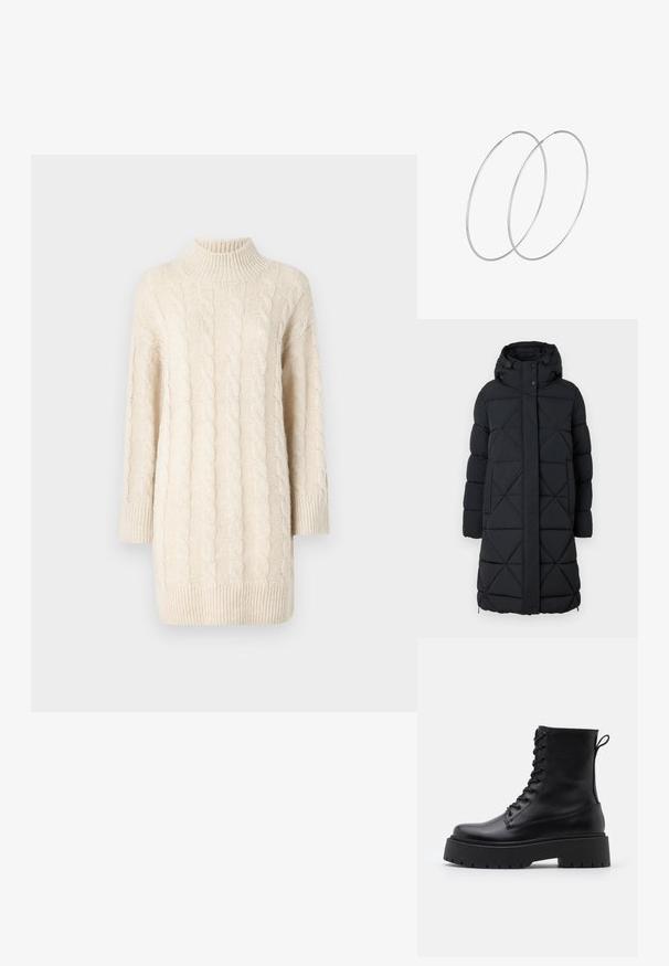 Sorte puffjakke med hætte, med en diamantquiltet design, trykknaplukning og elastiske ærmer. Lang længde for ekstra varme.; Cremefarvet kabelstrikket sweater med høj krave, trekvartærmer og ribbet kant. Har teksturerede mønstre og en løs pasform.; Sorte læder ankelstøvler med rund tå, snørebånd foran og en tyk gummisål med struktureret slidbane. Hæfteløkke bagpå.; Sølvøreringe med et minimalistisk design. Cirkulær form, glat tekstur og tynd profil. Letvægtige med en poleret overflade.