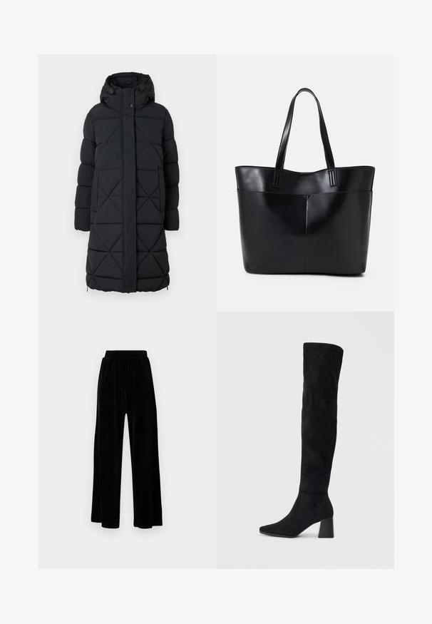 Črn puffa plašč s kapuco, z diamantnim prožnim vzorcem, gumbnim zapiranjem in elastičnimi manšetami. Dolga dolžina za dodatno toploto.; Črna majica s puloverjem in dolgimi rokavi, izdelana iz rebraste tkanine, ima prilegan kroj s visokim ovratnikom in brez vzorcev ali okrasnih elementov.; Črne široke hlače iz mehkega žameta, z elastičnim pasom in gladko teksturo, brez vidnih detajlov ali vzorcev.; Črne semiš škornje do kolen z blok peto, s koničastim nosom in gladkim, brezšivnim dizajnom na enostavni svetli podlagi.; Črna usnjena torba z dvema dolgima ročajema, gladko teksturo in strukturirano obliko. Ima sprednji žep za dodatno shranjevanje.