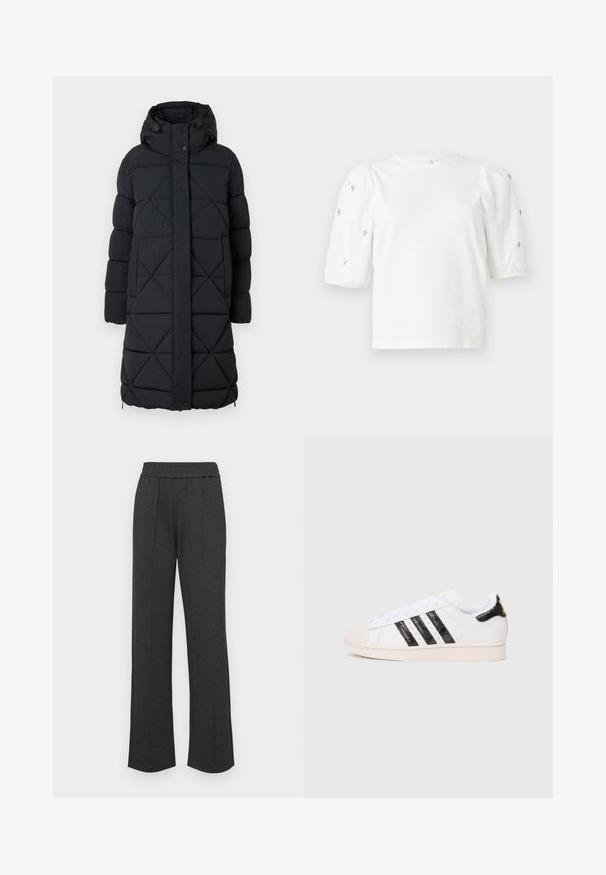 Black puffer coat with a hood, featuring a diamond quilted design, snap closure, and elastic cuffs. Long length for added warmth.; White cotton t-shirt with short puff sleeves, featuring small silver embellishments along the sleeves. Classic round neckline, relaxed fit.; Black straight-leg pants with an elastic waistband, front pleats, soft fabric, and no visible patterns or hardware details.; White sneaker with black textured stripes and accents; features a rubber toe cap, flat laces, and cushioning around the ankle.