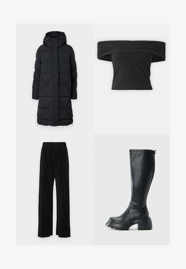 Musta puhvjakken, millel on kapuuts, teemanttoodetud disain, nööbikinnitus ja elastsed mansetid. Pikem, et tagada rohkem soojust.; Mustikam ja õlavarrelt avatud pluus, millel on kortsunud tekstuur kaelaäärtes, lühikesed varrukad ja käänuline lühike disain. Valmistatud paindlikust materjalist.; Mustad pleekitud püksid elastse vöökohtaga. Omavad laiad jalad ja sujuvat, tekstureeritud kangast vertikaalsete triipudega.; Kõrge must nahksaapad, millel on massiivne platvormi tald ja blokk-kand, varustatud tõmbenööriga ja tekstuuriga väljatõmbejääk.