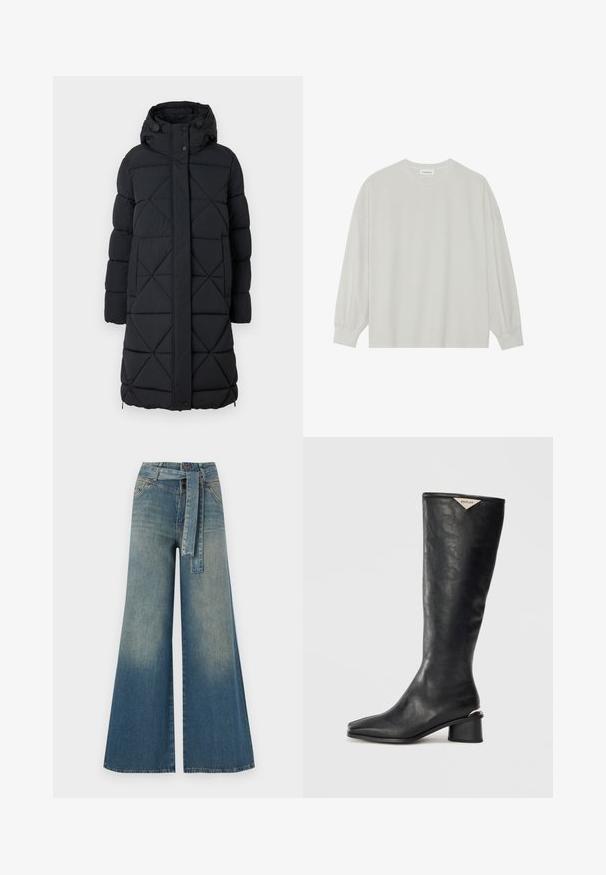 Svart pufferjacka med huva, med en diamantquiltad design, tryckknappsstängning och elastiska ärmslut. Lång längd för extra värme.; Ljusgrå långärmad t-shirt i mjuk bomull. Har en lös passform, rund halsringning och lätt rynkade ärmslut. Utan mönster eller grafik.; Breda denimbyxor med en ljus till mörkblå gradient, hög midja, bälteshällor och ett matchande tygbälte. Texturerad denimfinish.; Svart knähög stövel i slätt läder, med fyrkantig tå och en medelhög blockklack med en metallisk accent på klacken.