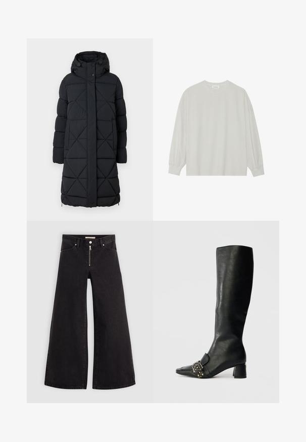 Musta turkki hupulla, jossa on timanttikuvioitu muotoilu, napitus ja elastiset hihansuut. Pittävä pituus lisää lämpöä.; Harmaa pitkähihais t-paita, joka on valmistettu pehmeästä puuvillasta. Ominaisuuksiin kuuluvat rento istuvuus, pyöreä kaula-aukko ja hienosti rypytetyt hihansuut. Ei kuvioita tai grafiikkaa.; Mustat leveälahkeiset farkut, joissa on vetoketjufrunti, viisi-taskuinen muotoilu ja hienovaraiset ompelusyyt. Sileä pinta ja rento tyyli.; Polvisuoru musta nahkasaapas, jossa on terävä kärkiosa, neliön muotoinen solkiyksityiskohta ja koristeelliset niitit; varustettu matalalla lohkarekorolla.