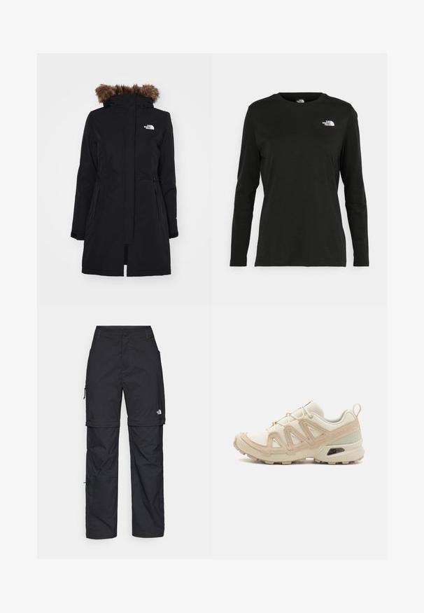 Czarna parka z odpinanym kapturem wyłożonym brązowym futrem, regulowanym sznurkiem w talii oraz dwiema bocznymi kieszeniami. Zawiera logo na piersi.; Czarna koszulka z długim rękawem z bawełny z okrągłym dekoltem. Posiada niewielkie białe logo po lewej stronie na piersi. Prosty design i fason.; Czarne nylonowe spodnie cargo z odpinanymi nogawkami, regulowanymi mankietami, wieloma kieszeniami oraz logo na prawej nogawce. Gładka, lekka tekstura.; Beżowe i kremowe buty sportowe z teksturowanej siateczki, wspierającymi nakładkami oraz gumową podeszwą z wzorem bieżnika zapewniającym przyczepność.