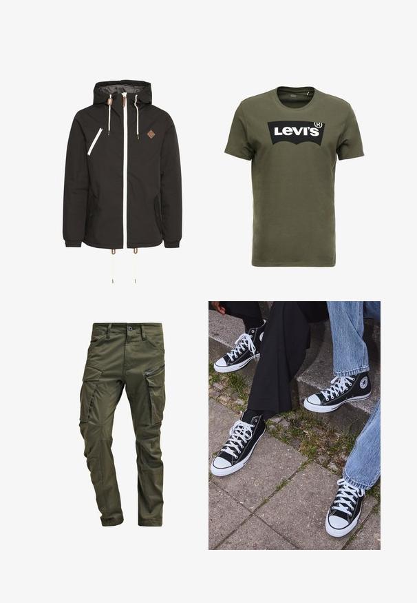 Schwarze Kapuzenjacke mit einem weißen Reißverschluss, zwei seitlichen Taschen, einer kleinen Brusttasche und braunen Akzenten an den Kordeln und dem Logoaufnäher.; Olivegrünes Baumwoll-T-Shirt mit einem großen schwarzen Levi's-Logo auf der Vorderseite. Klassischer Rundhalsausschnitt und kurze Ärmel, glatte Textur.; Olivgrüne Cargo-Hosen aus strapazierfähiger Baumwolle. Sie verfügen über mehrere Taschen, eine mit Reißverschluss versehene Seitentasche und ein tapered Bein mit einer leicht strukturierten Oberflächenbeschaffenheit.; Schwarzecanvas-Sneaker mit hohem Schaft, weißen Gummisohlen und Schnürsenkeln, die ein rundes Logo an der Seite besitzen und mit Denim- sowie schwarzen Hosen kombiniert sind.