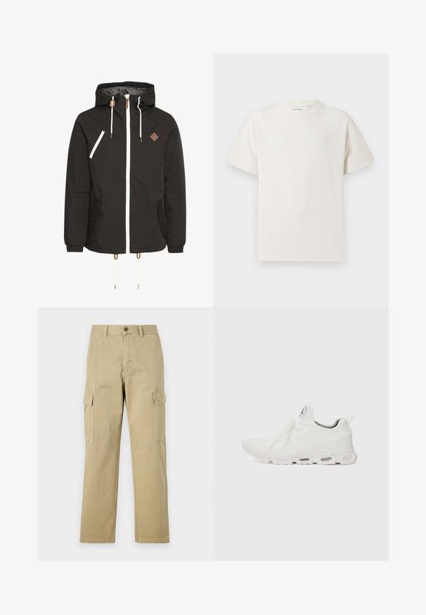 Must hämarikapp, millel on valge tõmblukk, kaks küljetaskut, väike rinna-tasku ja pruuni aktsentidega tõmbel ja logo sildil.; Valge lühikeste varrukatega T-särk ribakudumises. Ümar kaelus, mugav lõige, nähtavad mustrid ega aksessuaarid puuduvad. Lihtne ja mitmekesine disain.; Beige cargos, mis on valmistatud puuvillast, sisaldavad kahte küljetaskut, nööbiga sulgemist ja sirgeid jalgu, millel on kergelt tekstureeritud kangas.; Valged sportijalatsid, millel on tekstuuriga kudum peal, lame paelad ja pehmendatud tallad nähtavate õhukambritega täiendava toe jaoks.