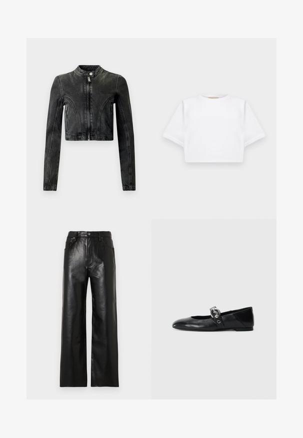 Melna apgriezta džinsa jaka ar garām piedurknēm, ar rāvējslēdzēju priekšā, snap apkakli un divām rāvējslēdzēju sānu kabatām.; Izgriezta balta T-krekla no mīksta auduma, ar īsām piedurknēm, apaļu apkakli un ribota apakšmala. Vienkāršs un neizpušķots dizains.; Plati melnas ādas bikses ar spīdīgu apdari, aprīkotas ar priekšējām kabatām, rāvējslēdzēja aizdari un pogu aizdari. Vienmērīga tekstūra visā biksēs.; Melnas ādas baleta kurpes ar smailu purngalu, ar siksniņu ar apaļu metāla sprādzi un platu zoli.