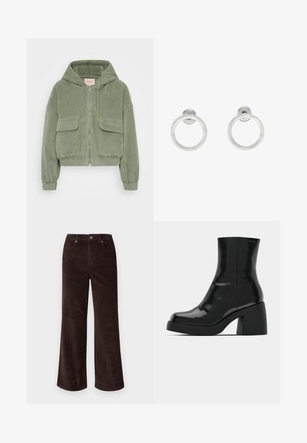 Roheline korduroy jakk kapuutsiga, lühikese disainiga, hõbedane tõmblukk ees, kaks patch-taskut rinnal ja ribasid käiste otsas.; Even&Odd Petite 3 PACK - Pikkade varrukatega topp - black/white/light green; Vero Moda Petite VMTESSA PANTS - Püksid - chocolate torte; Mustad mustad, läikiva viimistlusega, ruudukujulise varbaga ja paksu plokktallaga. Kujundus sisaldab sujuvat siluetti ja minimaalset brändimist.; Hõbedased metallist rõngastooted, millel on harjatud tekstuur, ümmargune disain ja selge tagumine post, tagamaks kindlat kandmist.