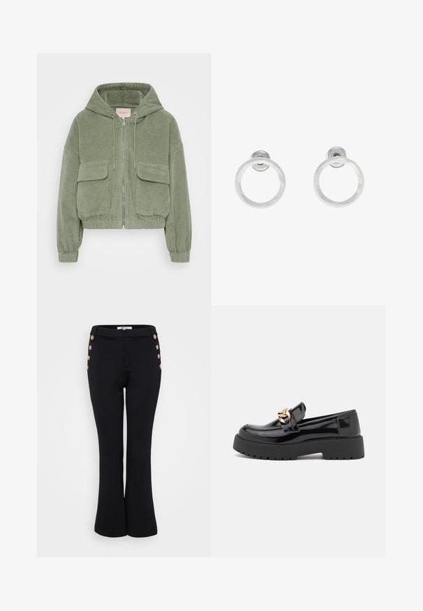Grön plyschjacka med huva, kort design, silverfärgad dragkedja framtill, två påsydda fickor på bröstet och ribbade ärmslut.; Even&Odd Petite 2 PACK - Linne - light grey/black; Svarta utsvängda byxor gjorda av mjukt material, med guldknappdetaljer längs midjan för extra stil och en figurnära silhuett.; Svarta lackläderloafers med en kraftig svart sula och detaljer i guld. Slät yta och rund tådesign.; Silvriga metallringörhängen med borstad yta, som har en cirkulär design och en genomskinlig stiftbaksida för säker användning.