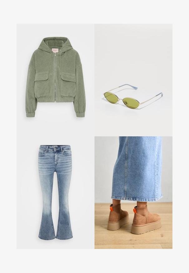Zaļa korduroja jaka ar kapuci, īsā dizainā, sudraba rāvējslēdzis priekšā, divas plecu kabatas un ribu aproces.; Even&Odd Petite 2 PACK - Tops - light grey/black; Gaiši zili platā kāju džinsi, kas izgatavoti no denima, ar klasisku piecu kabatu dizainu, priekšējo rāvējslēdzēju un maigu izbalējumu gar augšstilbiem.; Brūni zamšādas platforma zābaki ar elastīgiem sānu paneļiem un oranžām cilpām, apvienoti ar līdz ceļgaliem garu gaišā denima svārku uz koka grīdas.; Olīvu zaļi saulesbrilles ar plānu zelta rāmi un zila akcenta kājām. Ovali lēcas un minimālisma dizains.