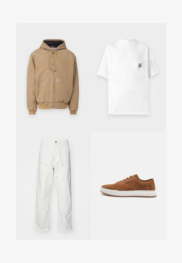 Carhartt WIP ACTIVE JACKET - Overgangsjakke - peanut aged canvas; Hvid bomulds t-shirt med rund hals, korte ærmer og brystlomme med et logo-patch. Minimalistisk design og sømløs tekstur.; Hvide bomulds cargo bukser med en afslappet pasform. Funktioner inkluderer for- og baglommer, guldfarvede hardware detaljer og forstærkede knæsektioner.; Brune ruskinds sneakers med hvid gummisål, rund tå, seks metaløjer og præget logo detalje på siden. Klassisk snøredesign.