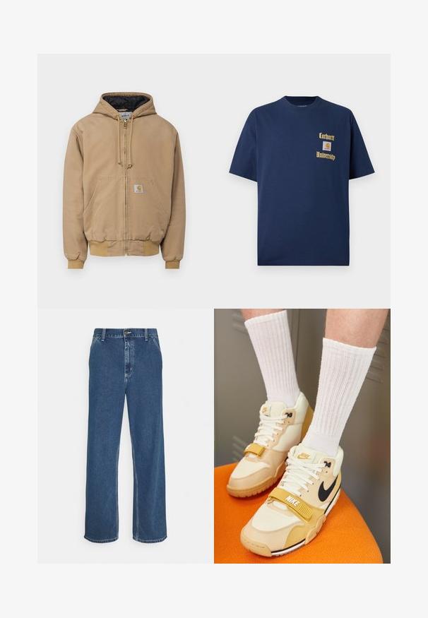 Carhartt WIP ACTIVE JACKET - Veste mi-saison - peanut aged canvas; T-shirt en coton bleu marine à manches courtes, avec le texte doré "Carhartt University" et un écusson logo sur la poitrine gauche.; Jean en denim bleu avec une coupe droite, un design à cinq poches, fermeture à bouton métallique et coutures visibles le long des coutures et de l'ourlet.; Chaussures de sport Nike en cuir beige et crème, avec un swoosh noir, des lacets blancs, une sangle Velcro et une semelle en caoutchouc texturée.