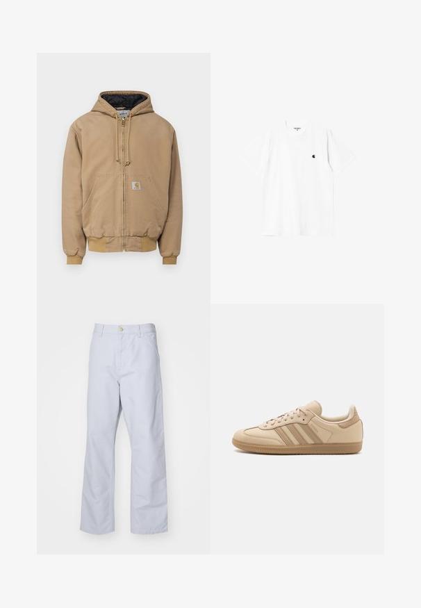Carhartt WIP ACTIVE JACKET - Veste mi-saison - peanut aged canvas; T-shirt en coton blanc à manches courtes, col rond et un petit logo noir sur la poitrine gauche. Texture douce et coupe standard.; Pantalon droit bleu clair en coton. Comprend une poche frontale, un zip et un seul bouton en métal à la taille.; Baskets en cuir beige avec trois rayures horizontales, bout rond, semelle plate en caoutchouc brun et doublure en tissu doux sur le col et la languette.