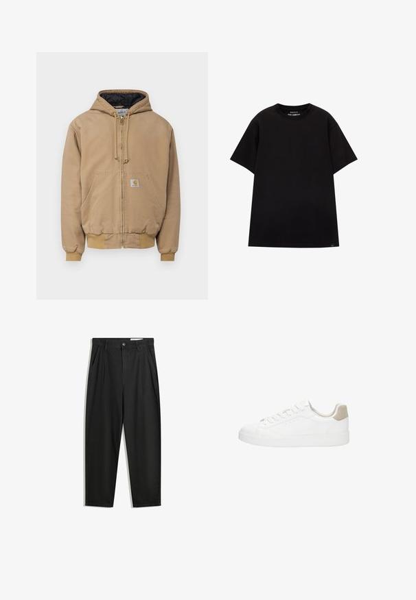 Carhartt WIP ACTIVE JACKET - Jachetă subțire - peanut aged canvas; PULL&BEAR JOIN LIFE - Tricou basic - black; Pantaloni negri din bumbac cu croială lejeră, având un brâu clasic, plii frontale și buzunare laterale. Textură netedă fără modele.; Sneakers albe cu un superior din piele netedă și vârf rotund. Au un capac la călcâi din suede bej, șireturi plate și o talpă din cauciuc alb.