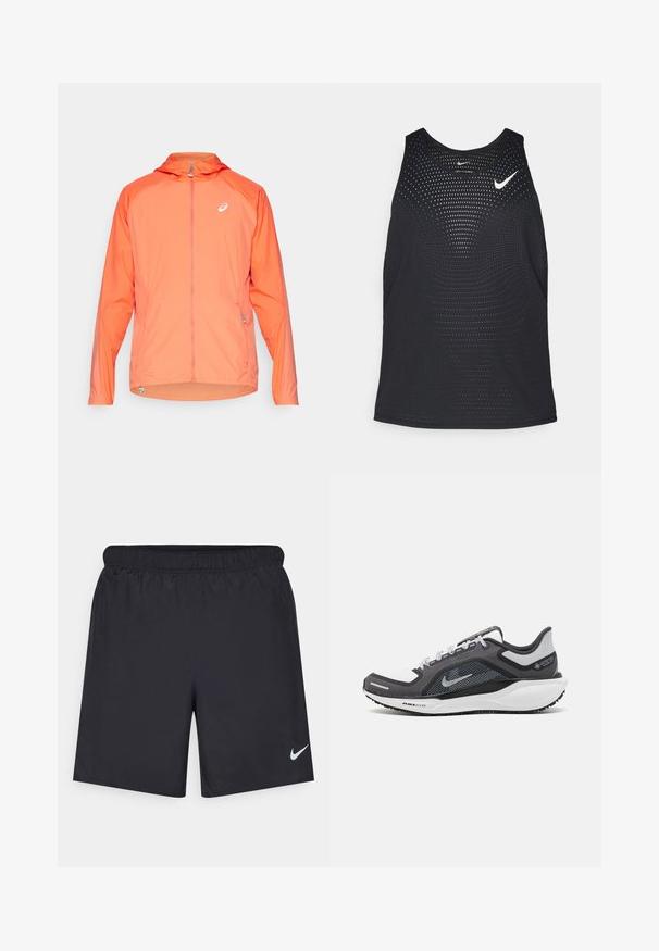 Lettvekts, hettejakke i skarp oransje med hel glidelås, med en subtil logo og elastiske mansjetter. Teksturert stoff med en glatt overflate.; Sort svart treningssinglet med perforert tekstur og rund hals. Har en hvit Nike-logo på brystet.; Svart sportskjørt laget av lett materiale med elastisk linning. Har en liten hvit Nike-logo nederst til venstre.; Svart og grå atletisk sko med mesh-overdel, refleksdetaljer og hvit mellomsåle. Har strukturert gummisåle og lisser.