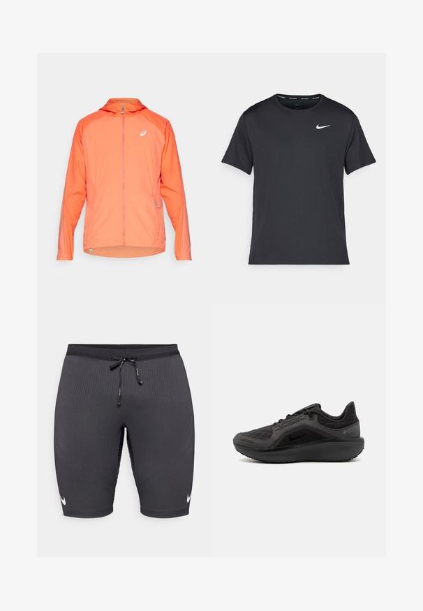 Lehká kapucňová bunda v jasně oranžové barvě s plným zipem, s jemným logem a elastickými manžetami. Texturovaná látka s hladkým povrchem.; Černé běžecké tričko Nike vyrobené z lehkého a prodyšného materiálu, s krátkými rukávy a malým bílým logem na hrudi.; Černé sportovní šortky vyrobené z ribovaného materiálu, s pružným pasem na šňůrku a malým bílým logem Nike na levé straně.; Černá sportovní bota s texturovaným prošívaným svrškem, elegantním designem a černou gumovou podrážkou. Obsahuje viditelné logo a značku Gore-Tex.