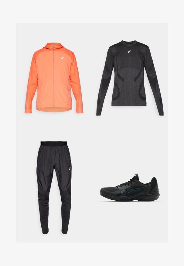 Kerge, kapuutsiga jakk erksas oranžis värvitoonis, täispikkusega lukk, diskreetse logoga ja elastsete mansettidega. Tekstureeritud kangas sujuva viimistlusega.; Tumehallide pika varrukaga spordisärgid, millel on heleda halli tooni tekstuurilised detailid. Ümmargune kaelus ja logo rinnal.; Mustavad sportlikud püksid veniva vöökohaga, küljetaskud ja kontrastsed tekstuuripaneelid jalgadel. Asicsi logo puusal.; ASICS SOLUTION SPEED FF 3 CLAY - Savikattega väljaku tennisejalatsid - black/prism blue