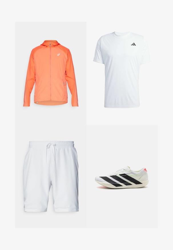 Giacca leggera con cappuccio di un vivace arancione, dotata di zip completa, con un logo discreto e polsini elasticizzati. Tessuto testurizzato con una finitura liscia.; T-shirt atletico bianco a maniche corte realizzato in tessuto leggero, con il logo Adidas nero sulla parte superiore sinistra del petto.; Shorts atletici bianchi con vita elastica e coulisse regolabile. Tessuto morbido con una texture sottile, dotati di tasche laterali.; Scarpa sportiva bianca con strisce diagonali nere, materiale in rete leggero, accenti verdi e linguetta del tallone rossa; presenta un design elegante e allungato.