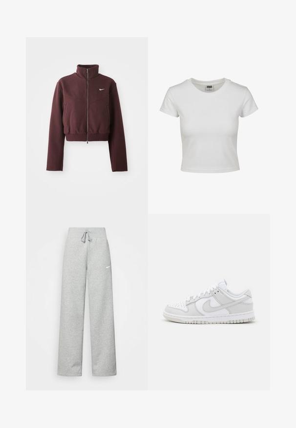 Cropped burgundy jacket with high collar, zip closure, ribbed hem, and long sleeves. Features white Nike logo on the left chest.; White cotton t-shirt with a classic crew neck, short sleeves, and a fitted shape. No patterns or accents visible.; Gray sweatpants with an elastic waistband, drawstring detail, and a small white Nike logo on the left thigh. Soft fabric, loose fitting.; White leather sneakers with grey accents, perforated toe, flat laces, cushioned collar, and a textured rubber sole.