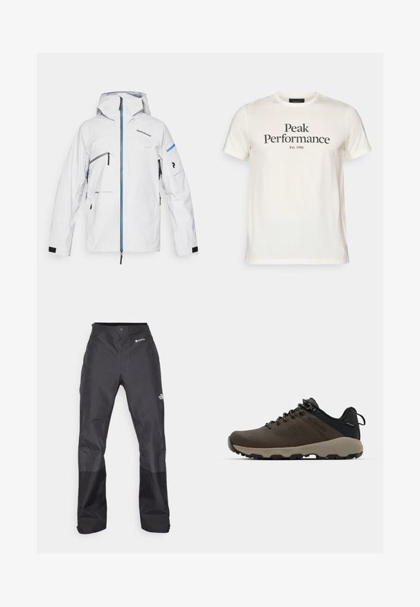 Veste imperméable blanche avec capuche, zip bleu, plusieurs poches et poignets en Velcro noirs ; présente un design minimaliste et un détail de logo.; T-shirt en coton couleur crème présentant "Peak Performance" et "Est. 1986" imprimés en noir, avec des manches courtes et un col rond.; Pantalons étanches noirs avec une texture lisse, arborant un logo GORE-TEX à l'avant et des jambes inférieures renforcées pour plus de durabilité.; Baskets imperméables marron avec une tige texturée, des accents perforés, un support de talon noir et une semelle en caoutchouc grise. Les lacets sont ornés d'embouts métalliques.