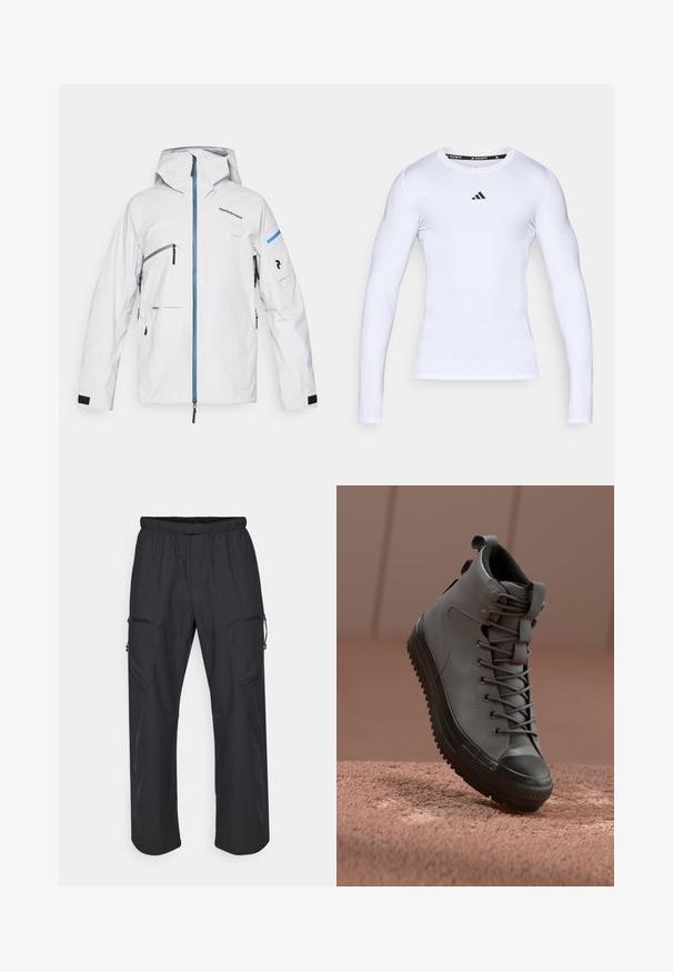 Giacca impermeabile bianca con cappuccio, zip blu, multiple tasche e polsini in velcro neri; presenta un design minimalista e un dettaglio del logo.; Maglietta sportiva bianca a manica lunga realizzata in tessuto elasticizzato, con scollatura rotonda e logo Adidas nero sul petto.; Pantaloni cargo neri con vita elastica, due tasche con zip e una texture di tessuto leggera e liscia.; Sneaker alta in pelle grigia con finitura testurizzata, punta in gomma nera e lacci grigi. Presenta una linguetta sul tallone.