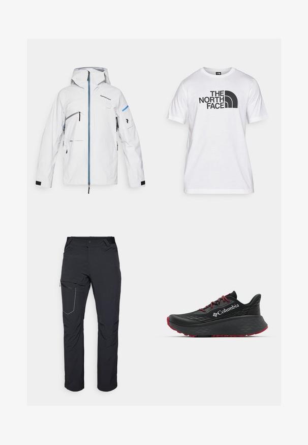 Veste imperméable blanche avec capuche, zip bleu, plusieurs poches et poignets en Velcro noirs ; présente un design minimaliste et un détail de logo.; T-shirt en coton blanc avec un imprimé graphique noir comprenant du texte et un design de logo courbé. Encolure ronde et manches courtes. Texture lisse.; Pantalon d'extérieur noir avec poche sur la cuisse zippée, taille élastique et tissu lisse, résistant à l'eau. Design épuré sans logos visibles.; Chaussure de sport noire avec tige texturée, lacets rouges et logo. Semelle épaisse avec motif de la semelle pour une meilleure adhérence. Design minimaliste, vue de côté.