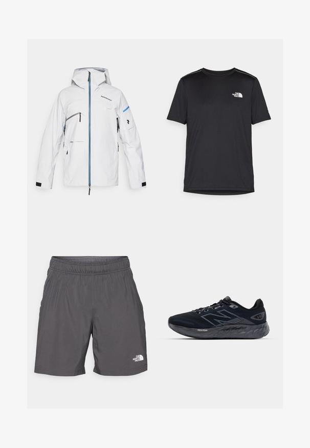 Giacca impermeabile bianca con cappuccio, zip blu, multiple tasche e polsini in velcro neri; presenta un design minimalista e un dettaglio del logo.; T-shirt nero a maniche corte realizzata in tessuto leggero. Presenta un piccolo logo bianco sul lato sinistro del petto e delicati dettagli sulle spalle.; Shorts leggeri di colore grigio con vita elastica, tasche laterali e un piccolo logo bianco sulla parte bassa della gamba sinistra. Texture liscia e design casual.; Scarpe da corsa da uomo in rete nera con suola grigia spessa, texture circolare e dettagli riflettenti. Presenta il logo "New Balance" sul lato.