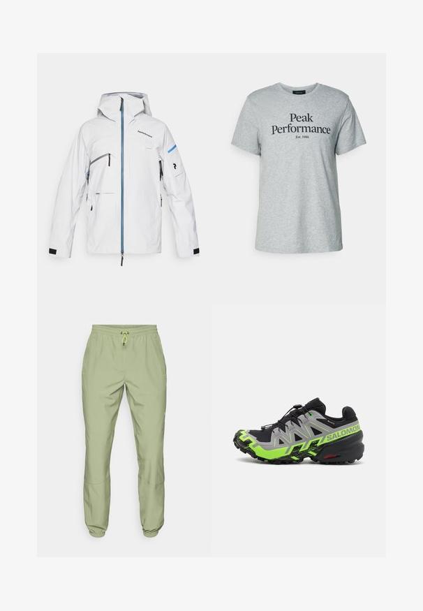 Witte waterdichte jas met capuchon, blauwe rits, meerdere zakken en zwarte klittenbandsluiting; heeft een minimalistisch ontwerp en logo-detail.; Grijze katoenen t-shirt met korte mouwen en ronde hals, met zwarte tekst "Peak Performance Est. 1986" op de voorkant.; Lichtgroene sportbroek met een elastische tailleband, trekkoordsluiting en enkelmanchetten; heeft twee zijzakken en een gladde textuur.; Zwarte en grijze trailrunning schoenen met heldergroene accenten, voorzien van een gestructureerde zool, geavanceerd vetersysteem en robuuste uitstraling.