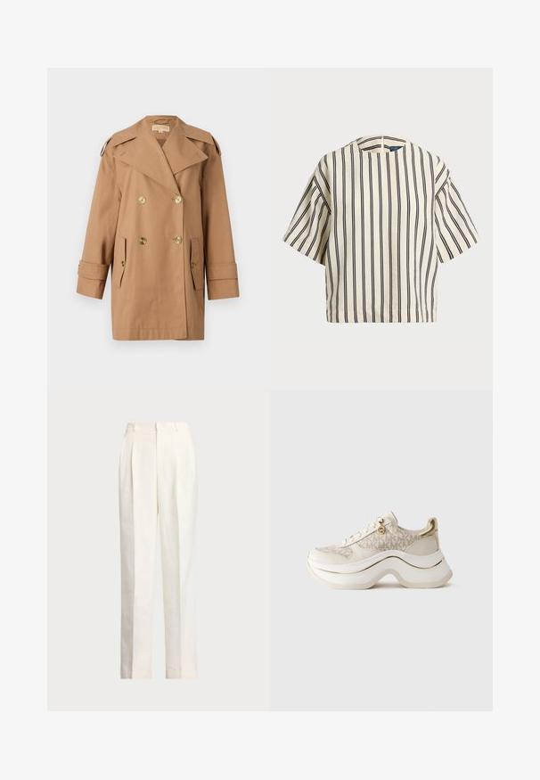 Manteau trench beige à double boutonnage en coton. Équipé de grands boutons dorés, de larges revers et de deux poches avant. Manches mi-longues.; T-shirt à manches courtes, rayé crème et marine, présentant un col rond et un design boxy avec un tissu texturé.; Polo Ralph Lauren HEMP WIDE LEG PANT - Pantalon classique - nevis; Baskets compensées beige et dorées avec un motif "MK", à lacets à l'avant, un charm doré et une semelle épaisse et ondulée sur fond uni.