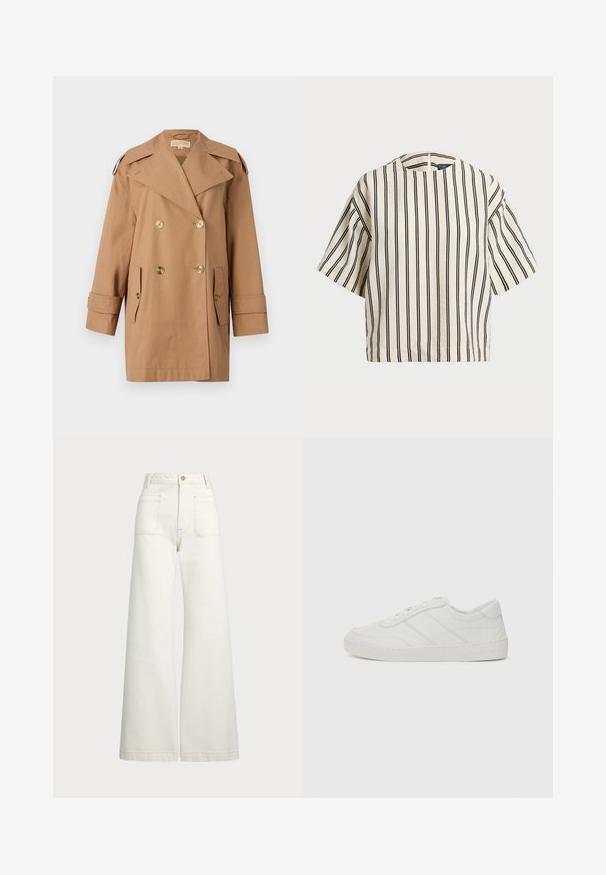 Manteau trench beige à double boutonnage en coton. Équipé de grands boutons dorés, de larges revers et de deux poches avant. Manches mi-longues.; T-shirt à manches courtes, rayé crème et marine, présentant un col rond et un design boxy avec un tissu texturé.; Jeans large en denim écru. Design taille haute avec une fermeture à bouton, deux poches avant et des détails de surpiqûres contrastantes.; Baskets en cuir blanc avec lacets plats, bout rond et détails de couture subtils. Caractéristiques d'une semelle texturée et d'un logo de marque embossé au niveau du talon.