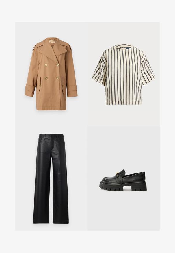 Brown double-breasted trench coat made of cotton. Features large gold buttons, wide lapels, and two front pockets. Mid-length sleeves.; Short-sleeve, striped top in cream and navy, featuring a round neckline and boxy design with a textured fabric.; Wide-leg black leather pants with a smooth texture, featuring front pockets, a button closure, and subtle stitching details.; Black leather loafers with a chunky sole, featuring a gold-tone accent on the front and a smooth finish. Chunky tread design on the sole.