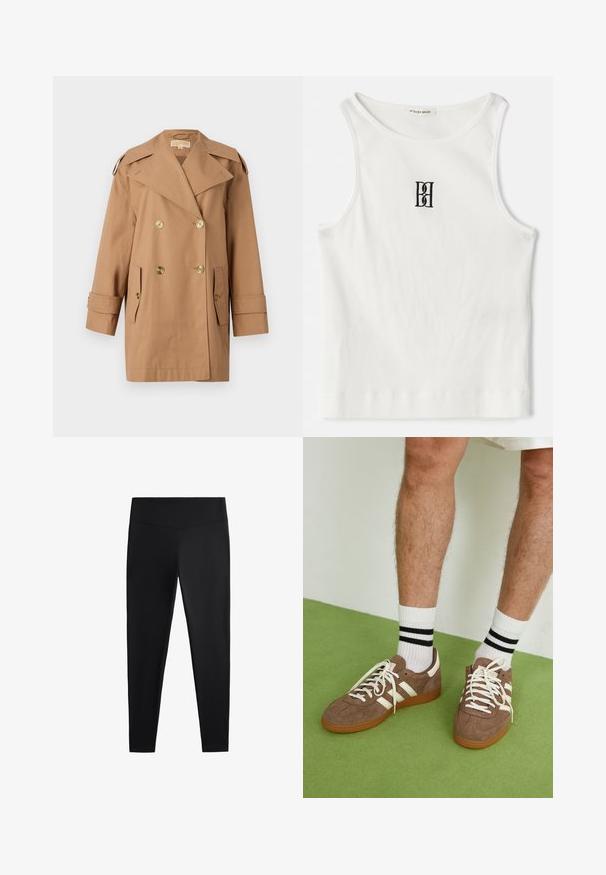 Barna, dupla gombos esőkabát, amely pamutból készült. Nagy arany gombokkal, széles hajtókákkal és két elülső zsebbel rendelkezik. Közepes hosszúságú ujjak.; Fehér bordázott ujjatlan póló, melyen a mellkas közepén egy fekete hímzett logó található. A nyakkivágás és az ujjak nyílásai finom szegéllyel vannak ellátva.; Fekete leggings sima, rugalmas anyagból. Széles derékpánt és szűkülő lábzárás jellemzi, alkalmas aktív vagy laza viseletre.; Barna velúr sportcipő fehér díszítéssel és fűzővel. Gumi talp. Fehér zoknival viselve, fekete csíkokkal. Zöld, textúrázott padló.