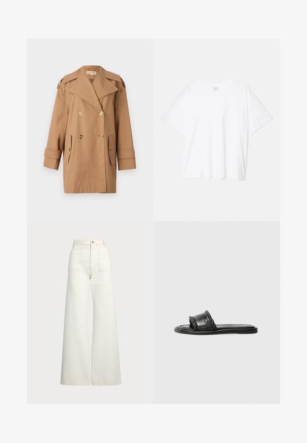 Smeđi dvostruko kopčani trench kaput od pamuka. Ima velike zlatne dugmadi, široke reveri i dva prednja džepa. Rukavi su srednje dužine.; Bijela pamučna majica s kratkim rukavima, okruglim izrezom, opuštenim krojem i šivenim rubom. Etiketa je vidljiva na unutarnjoj strani vrata.; Široke traperice u boji krem-paleža. Visoki struk s kopčanjem na dugme, dva prednja džepa i kontrastni šavovi.; Crne kožne sandale s pletenim detaljem na remenu, ravnim potplatom i elegantnim dizajnom. Glatka tekstura i minimalistički profil.
