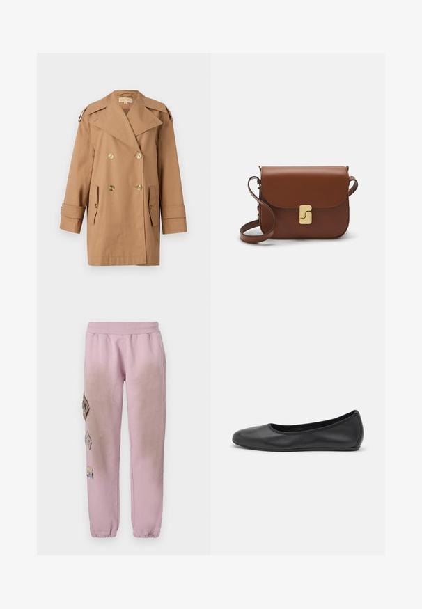 Pruun topeltkliendiga vihmamantel, mis on valmistatud puuvillast. Omab suuri kuldseid nööpe, laiu krae ja kahte esikotti. Keskmise pikkusega varrukad.; Valge lühikeste varrukatega T-särk ribatud kangast. Ümara kaelusega, tavalisest sobivusest ja peente õmbluse detailidega. Ilma mustrite või graafikateta.; Roosa spordipüksid elastse paelaga vööl, millel on vasakul küljel dekoratiivsed rombikujulised plaastrid ja elastsed mansetid pahkluude juures.; Musthave mustika tantsutossud mustast nahast, ümmarguse varbaga, siledast tekstuurist, minimaalse õmblusdetailiga ja paindliku tallakujundusega.; Pruunist nahast käekott, millel on klapiga sulgur, kuldne riistvara, õlarihm ja sile tekstuur. Kompaktne ristkülikukujuline vorm.