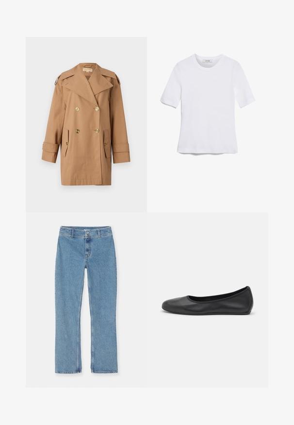 Palton bej din bumbac, cu dublu rând de nasturi. Prezintă nasturi mari aurii, rever lățit și două buzunare frontale. Mâneci de lungime medie.; Tricou alb cu mânecă scurtă, confectionat dintr-un material texturat. Gât rotund, tăietură regulară și detalii subtile de cusătură. Fără modele sau grafice.; Jeans drept, de culoare albastră deschisă, din denim, cu închidere cu nasture și fermoar, bucle pentru curea și cusături standard pe un fundal alb.; Balerini din piele neagră, cu vârf rotund, textură netedă, detalii de cusătură minimale și un design al tălpii flexibil.
