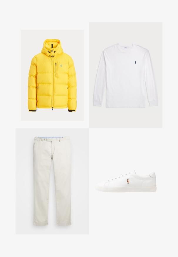 Casaco puffer amarelo com capuz, ziper à frente e bolsos laterais, com textura acolchoada e um pequeno logotipo no peito.; Camisola de manga longa branca feita de algodão. Apresenta um decote redondo, punhos canelados e um pequeno logótipo de polo azul-marinho no lado esquerdo do peito.; Chinos de algodão bege com frente plana, passantes para cinto e bolsos laterais. Design de perna reta com uma textura suave e uma sensação leve e respirável.; Sapatilhas de couro brancas, design de cano baixo, com textura suave, biqueira redonda, atacadores à frente e um pequeno logótipo bordado na lateral.