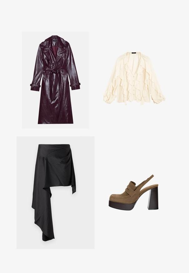 Even&Odd Trenchcoat - bordeaux; Massimo Dutti FLOWING GARMENT WITH RUFFLES - Skjorta - beige; Svart omslagskjol gjort av mjukt, lätt tyg. Har en asymmetrisk fåll och rynkade detaljer vid midjan för en flödande silhuett.; Bruna mockaskinnsplatåklackar med en tjock, ribbad blockklack och ett brett band över ovandelen, med en rundad tådesign.
