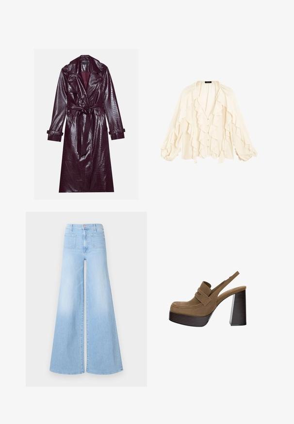 Even&Odd Trenčkot - bordeaux; Massimo Dutti FLOWING GARMENT WITH RUFFLES - Košilová halenka - beige; Svetle modré džínsy s širokými nohavicemi a vysokým pasem, vybavené pěti kapsami a hladkým denimovým povrchem. Od kolena se rozšiřují.; Hnědé semišové platformové podpatky s tlustým, vroubkovaným blokovým podpatkem a širokým páskem přes nárt, s kulatou špičkou.