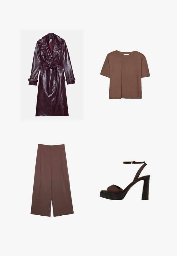 Even&Odd Trenssi - bordeaux; Kahvinsävyinen lyhythihainen t-paita, joka on valmistettu pehmeästä kankaasta. Pyöreä pääntie ja rento malli. Ei näkyviä kuvioita tai koristeita.; Ruskeat leveälahkeiset housut, joissa on sileä pinta, korkea vyötärö ja etupleat. Kangas on kevyttä ja laskeutuu väljänä.; Ruske kožne sandale s visokom potpeticom, otvorenim prstima, podesivim kopčanjem oko gležnja i prugastim platformskim đonom.