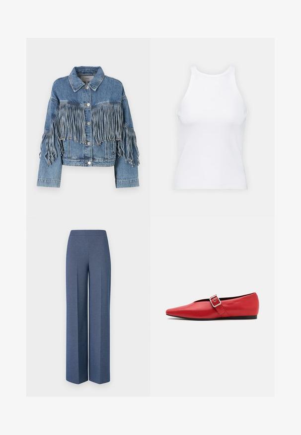 YAS YASAIKO FRINGE JACKET - Jeansjakke - medium blue denim; Hvit ermeløs tanktop laget av ribbet stoff, med rund hals og en tettsittende silhuett, med minimale sømmer og ingen dekorasjoner.; Bredde bukser i teksturert blåt stoff med en glatt linning og skarpe folder foran, som fremhever et skreddersydd design.; Røde lærflatsko med spiss tå, med en sidespenne med metallspenne og en lav svart hæl. Glatt tekstur gjennom hele skoen.