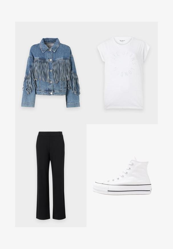 YAS YASAIKO FRINGE JACKET - Τζιν μπουφάν - medium blue denim; Λευκό βαμβακερό μπλουζάκι με στρογγυλή λαιμόκοψη και κοντά μανίκια. Διαθέτει κυκλικό σχέδιο κειμένου με μικρές κουκίδες που γράφει "Pepe Jeans London."; Μαύρα, φαρδιά παντελόνια με λείο υφή, μέση στο μεσαίο ύψος και πλάγιες τσέπες. Απλός σχεδιασμός χωρίς μοτίβα ή στολίδια.; Λευκό ψηλό καμβαδάκι αθλητικό παπούτσι με μαύρη καουτσούκ σόλα, πρόσθιο καουτσούκ καλύμματος δακτύλου και έξι οπές για κορδόνια, με μια καθαρή και μίνιμαλ σχεδίαση.
