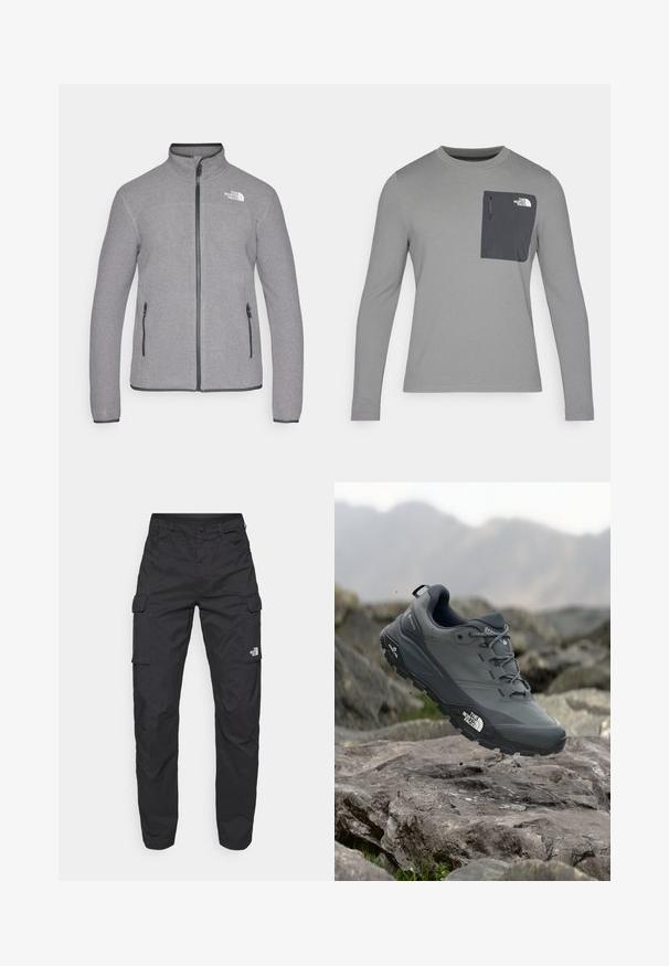 Pelēks frotē žakets ar stāvošu apkakli, pilnu rāvējslēdzēju un divām sānu kabatām. Izceļas ar pieticīgu balto zīmolu kreisajā krūtī.; Garais krekls ar garām piedurknēm un teksturētu audumu, ar tumši pelēku krūšu kabatu un rāvējslēdzēju. Uz kabatas ir balts logo.; The North Face EXPLORATION PANTS - Armijas stila bikses - black; Pelēki skrējēju apavi ar teksturētu virsu, izturīgu gumijas zoli un pastiprinātu pirkstu daļu. Iekļauj šņores un zīmola logo sānos.