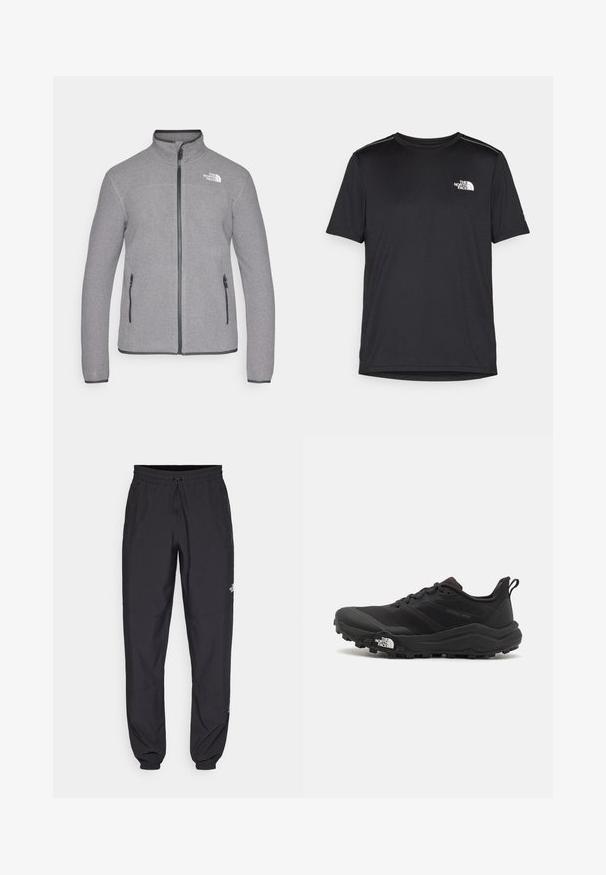 Hall hallitav krae, täis lukuga ja kahe külgtaskuga hall fliisjakker. Esiküljel on märk väikeses valges kirjas vasakul rinnal.; Must mustaöödiga must T-särk, mis on valmistatud kerge riidekanga. Esiküljel on vasakul rinnal väike valge logo ning õlgadel on peened aktsendid.; Mustavad sportlikud püksid, mis on valmistatud kergest kangast, joonlauaga taljest, küljetaskudega ja kitsenevate varrukatega pahkluude juures.; Must tume jooksujalats musta värvi, tekstuurse ülemise osaga, kummist tallaga ja tugevdatud varbaga. Omab pehmendusega krae ja tõmblinti mugavaks selga panemiseks.