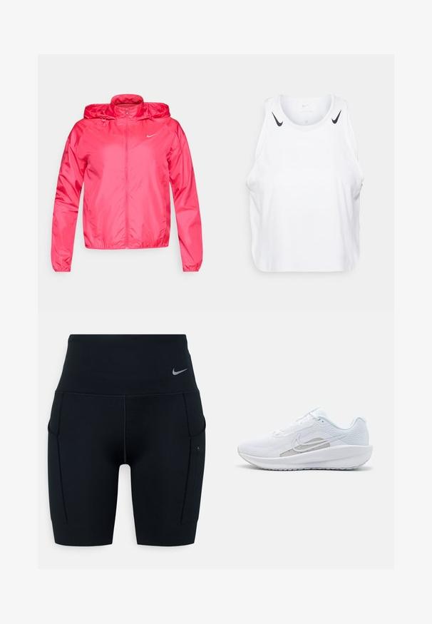 Vaaleanpunainen Nike-takki, joka on valmistettu kevyestä materiaalista. Takki on varustettu vetoketjulla edessä, säädettävällä hupulla ja joustavilla hihansuin, mikä luo istuvan ilmeen.; Valkoinen hihaton t-paita kevyestä kankaasta, jossa on mustat Nike-logo-yksityiskohdat olkapäillä, pyöreä pääntie ja rento istuvuus.; Musta korkea vyötäröinen urheilushortsit, jotka on valmistettu joustavasta materiaalista; sisältävät sivutaskut ja pienen Nike-logon vyötärökaistassa.; Valkoinen urheilujalkine, jossa on verkkomateriaali ylhäällä, pyöreä varvas ja teksturoitu pohja. Varustettu hopeisella Nike-ikkunalla ja minimalistisella muotoilulla.