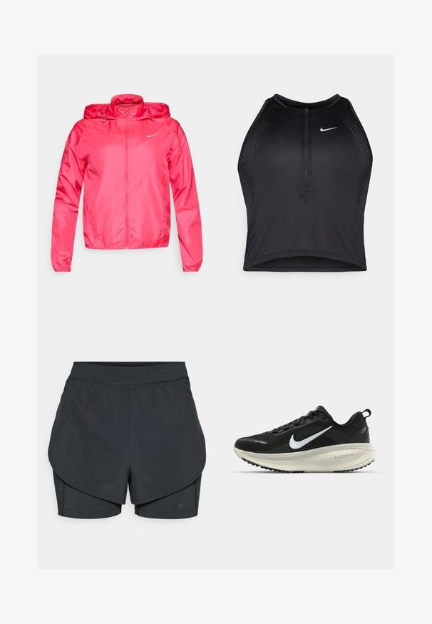 Pink Nike jacket made of lightweight material, featuring a zip-up front, adjustable hood, and elastic cuffs for a fitted look.; Black athletic crop top with a zip-front, mesh accents, and a fitted design. Made from stretchy, breathable fabric. Nike logo on front.; Black athletic shorts with a layered design, featuring a smooth outer layer and fitted inner shorts. Made of lightweight, stretch fabric.; Black Nike running shoe with breathable mesh upper, white swoosh logo, textured detailing, and a cream-colored ZoomX midsole.