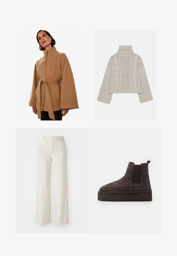 Smeđi kaput od vune s visokim ovratnikom, širokim rukavima i vezanim pojasom u struku; ima teksturiranu tkaninu i bočne džepove.; Skraćeni, svijetlosivi pleteni pulover s visokim ovratnikom i rebrastim manžetama, sa teksturiranim cables uzorak na leđima i stranama.; Hlače širokih nogavica u svijetloj bež boji, izrađene od glatke tkanine. Imaju klasičnu elastičnu traku u struku i ravni prednji dio s čistim linijama.; Smeđe nubuk Chelsea čizme s elastičnim bočnim panelima i debelim, teksturiranim potplatima. Imaju traku za povlačenje na peti radi lakšeg obuvanja.