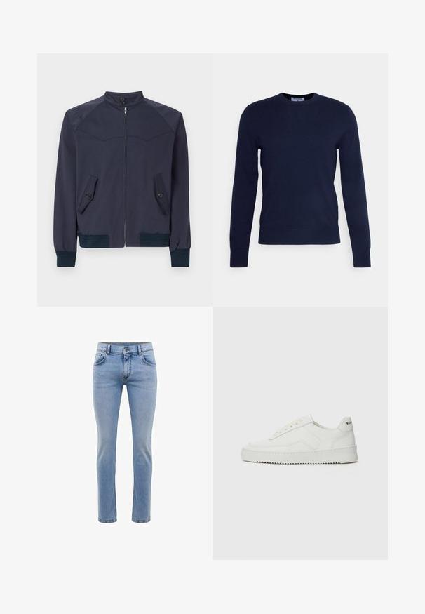 Tume sinine pommitaja jakk, millel on püsti tõusev krae, esi-lukku ja kaks nurga all taskut; sisaldab soonikvarrukat ja soonikvööd.; Tumedat navy-sinise värvi ümarkaelusega soojusjakid, mis on valmistatud pehmest kangast, pikkade varrukate ja ribakujulise alläärega. Pole nähtavaid mustreid ega kaunistusi.; Heledad sinine denimist teksapüksid, kitsas lõige, viie taskuga ja sirge jalaga disain. Omab tõmblukkuga lukkuklappi ja vöörihmasid. Pehme tekstuur.; Valge nahast tennis, millel on sile põhi, ümar varvas, lamedad nöörid ja tekstuuriline tall. Sisaldab diskreetset logo kontsaribal.